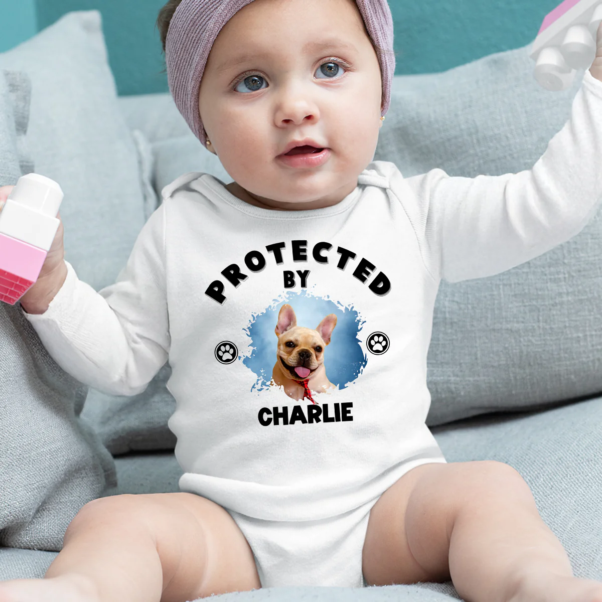 Human Protected By Caricature Dogs Photo - Personalized Custom Long Sleeve Baby Onesie - Image 3