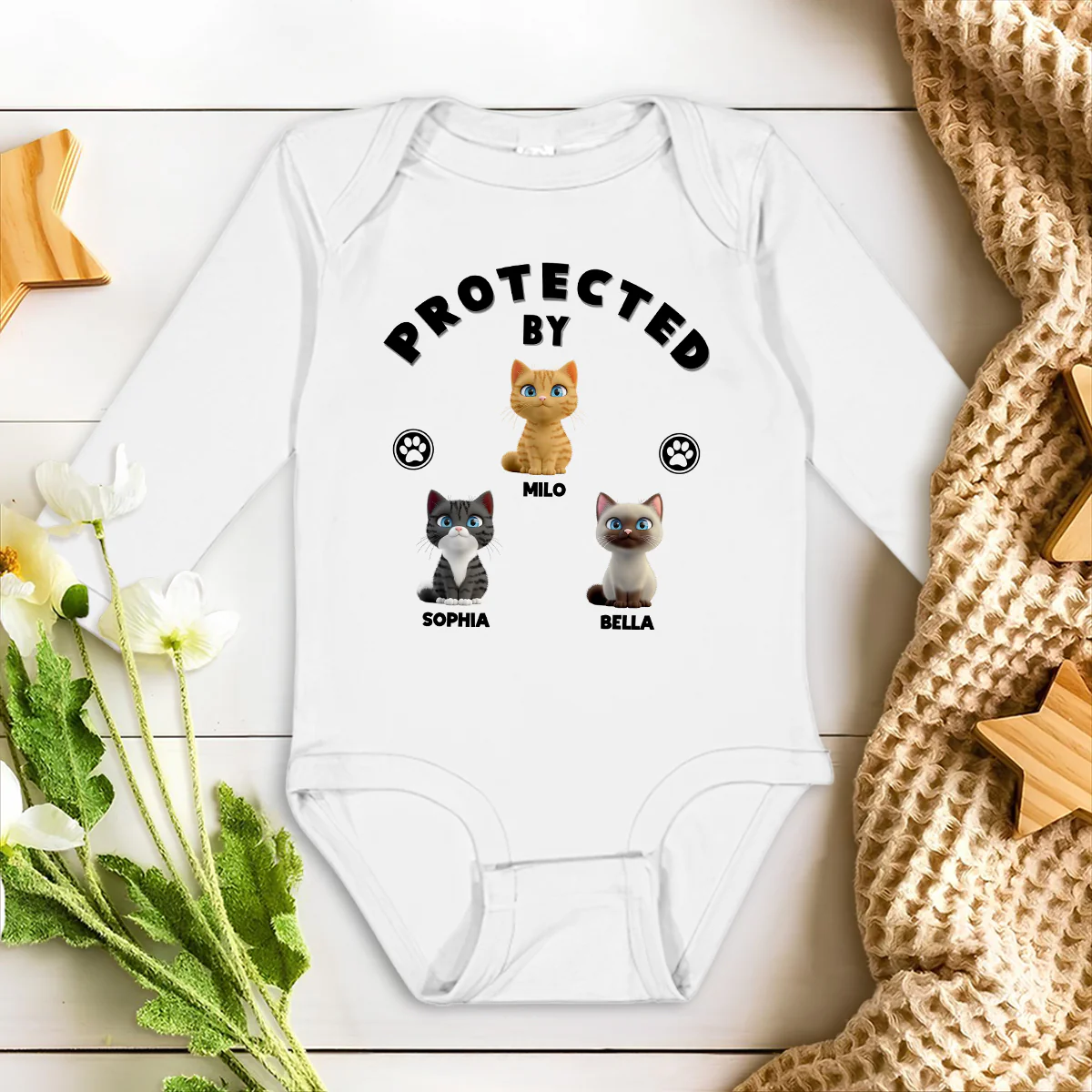 Human Protected By Cats - Personalized Custom Long Sleeve Baby Onesie - Image 2