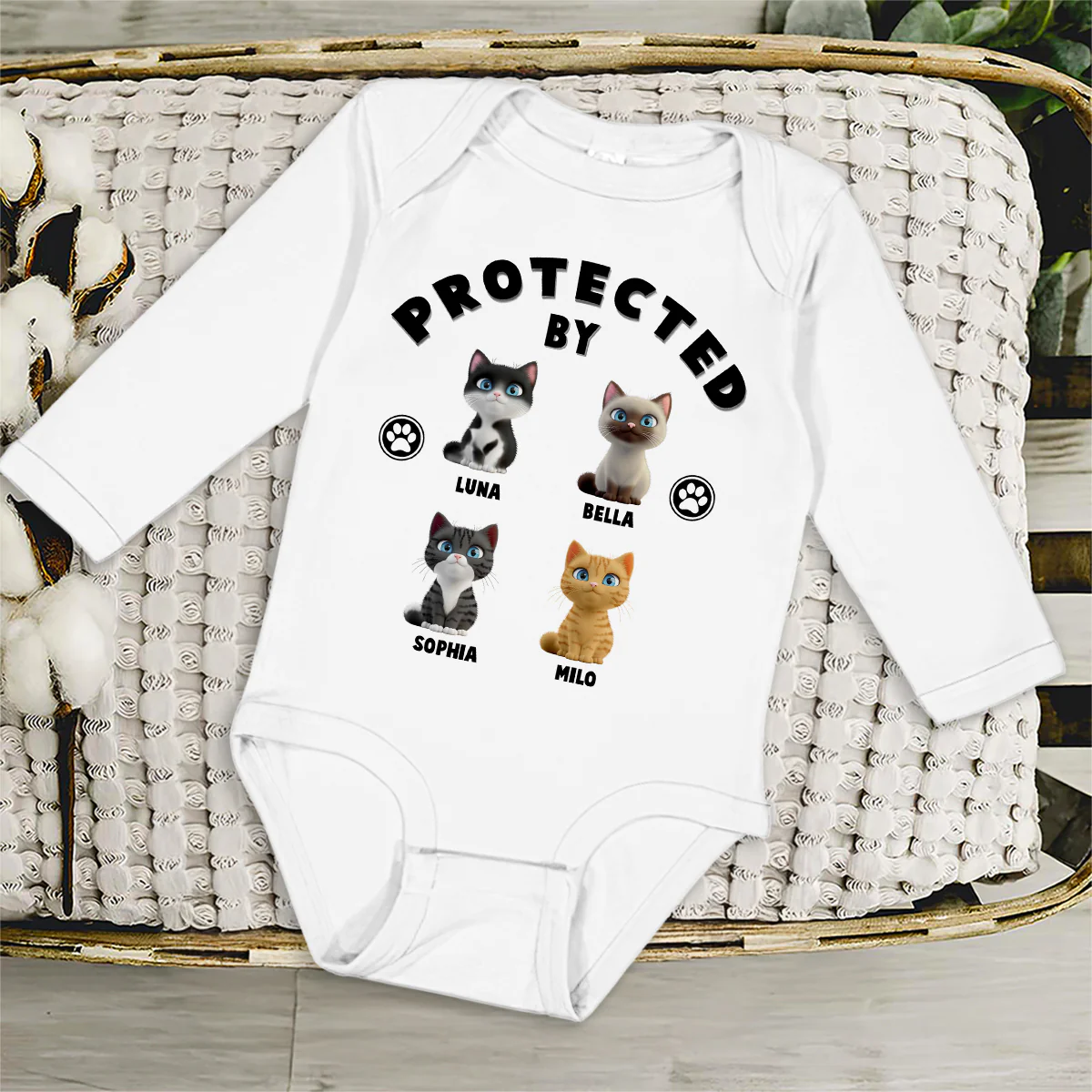 Human Protected By Cats - Personalized Custom Long Sleeve Baby Onesie - Image 3