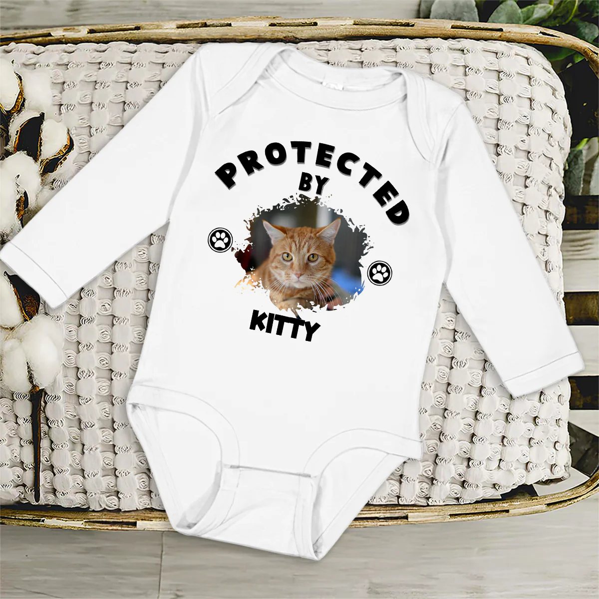 Human Protected By Cats Photo - Personalized Custom Long Sleeve Baby Onesie - Image 3