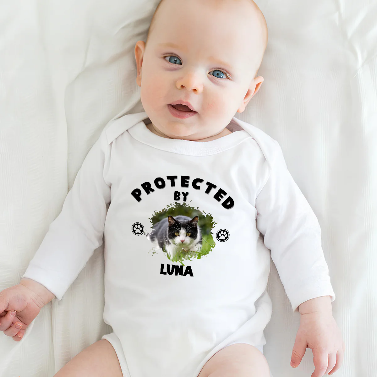 Human Protected By Cats Photo - Personalized Custom Long Sleeve Baby Onesie - Image 4