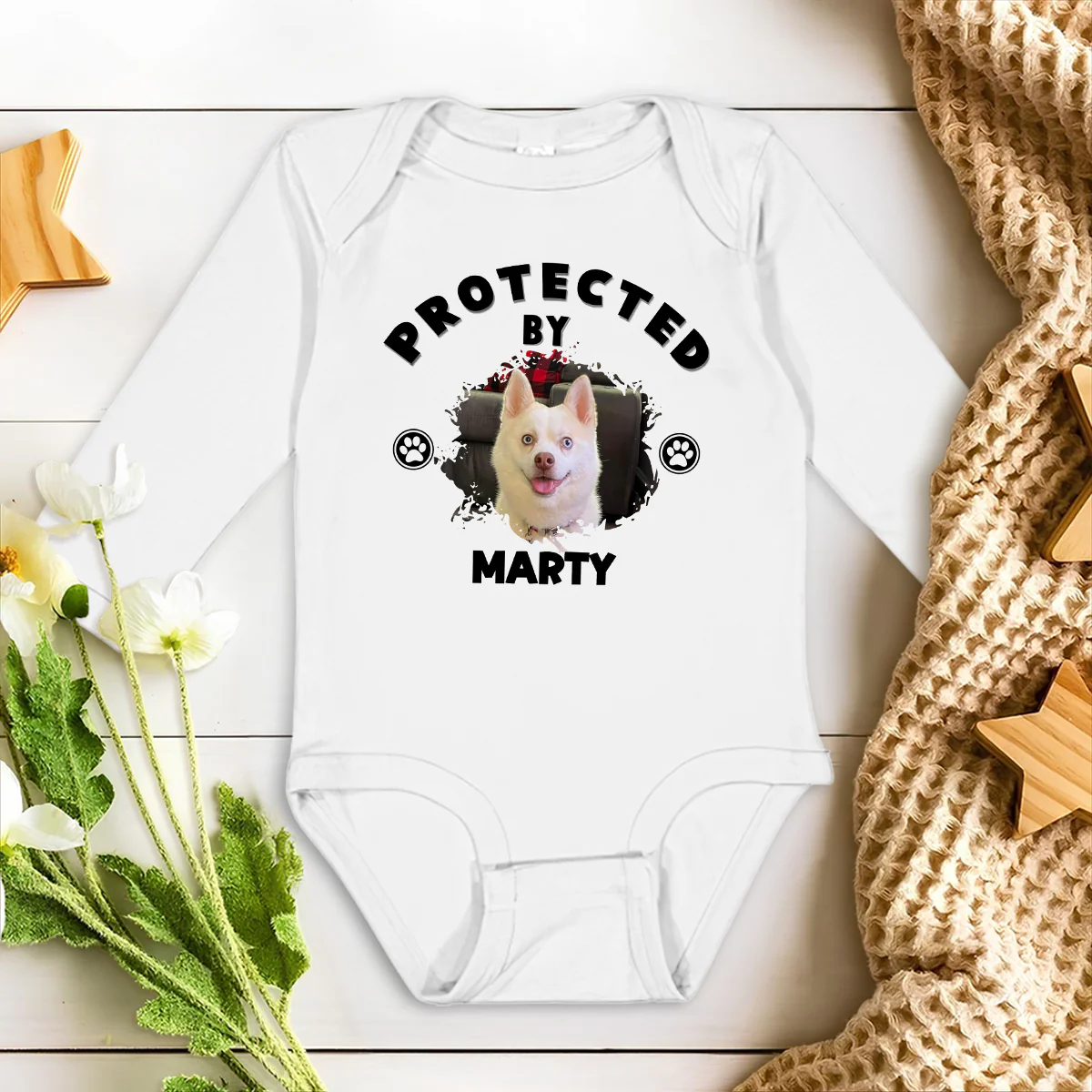 Human Protected By Dogs Photo - Personalized Custom Long Sleeve Baby Onesie - Image 2