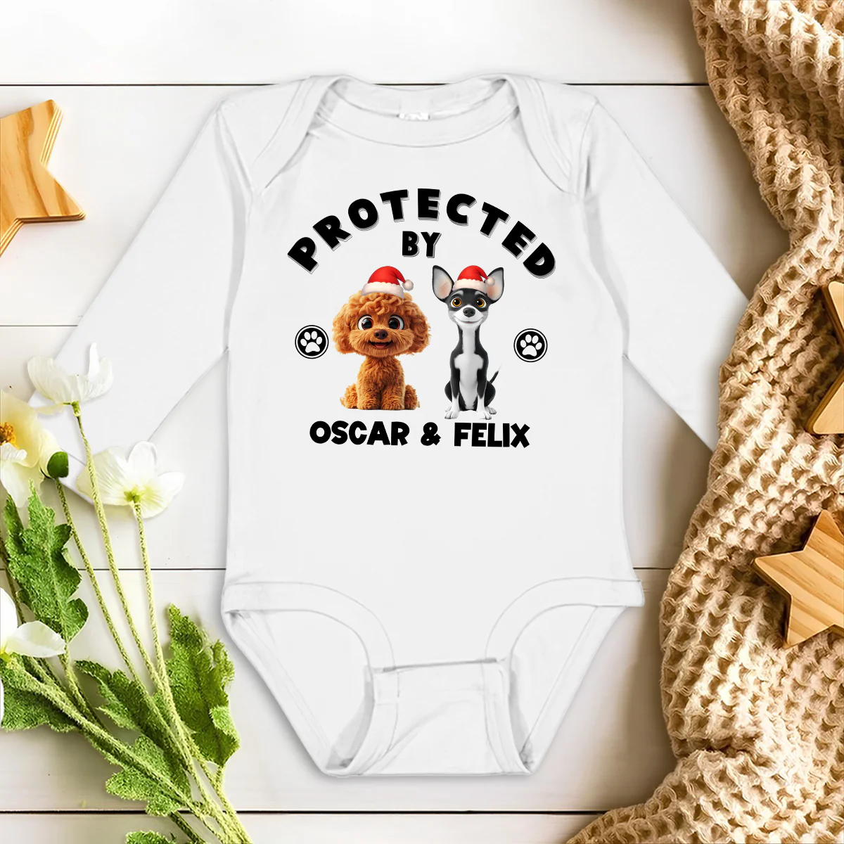 Human Protected By Dogs Ver Christmas - Personalized Custom Long Sleeve Baby Onesie - Image 2