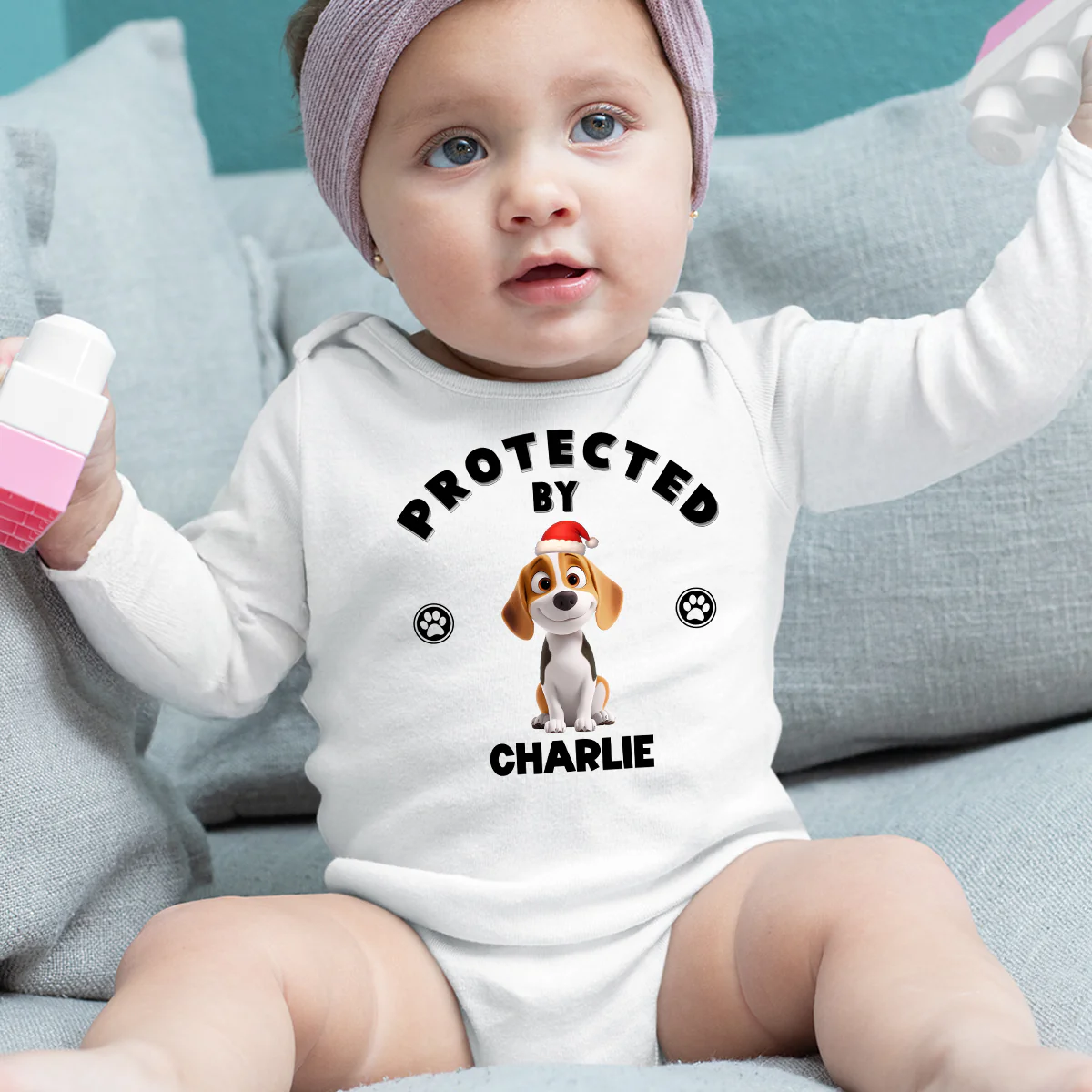 Human Protected By Dogs Ver Christmas - Personalized Custom Long Sleeve Baby Onesie - Image 5