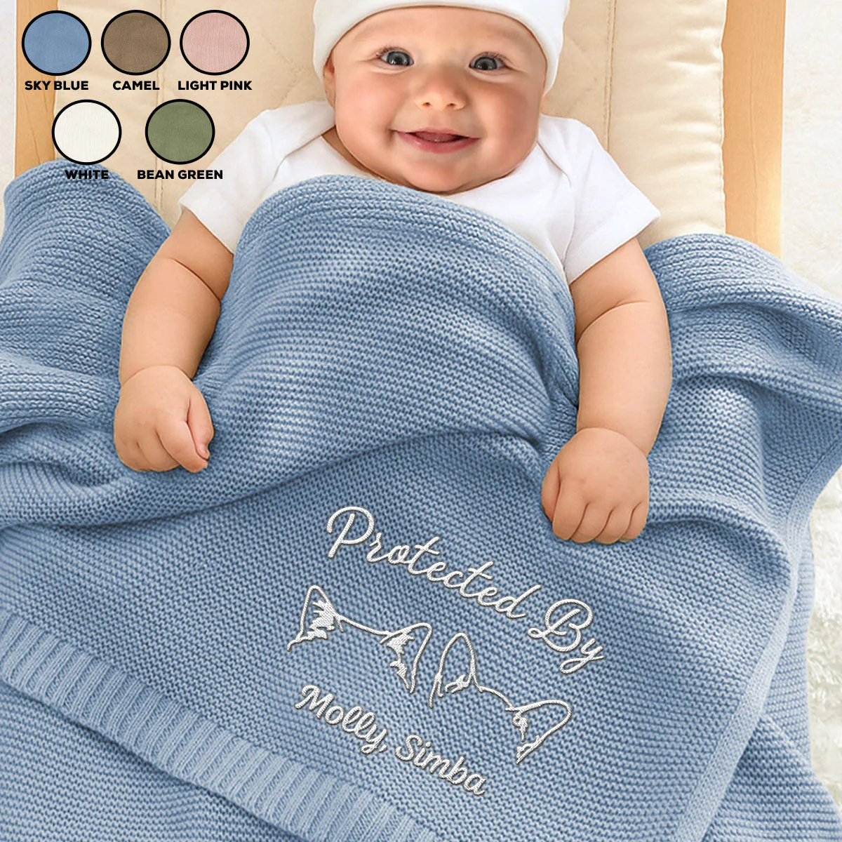 Human Protected By Pet - Personalized Custom Embroidered Knitted Baby Blanket - Image 3