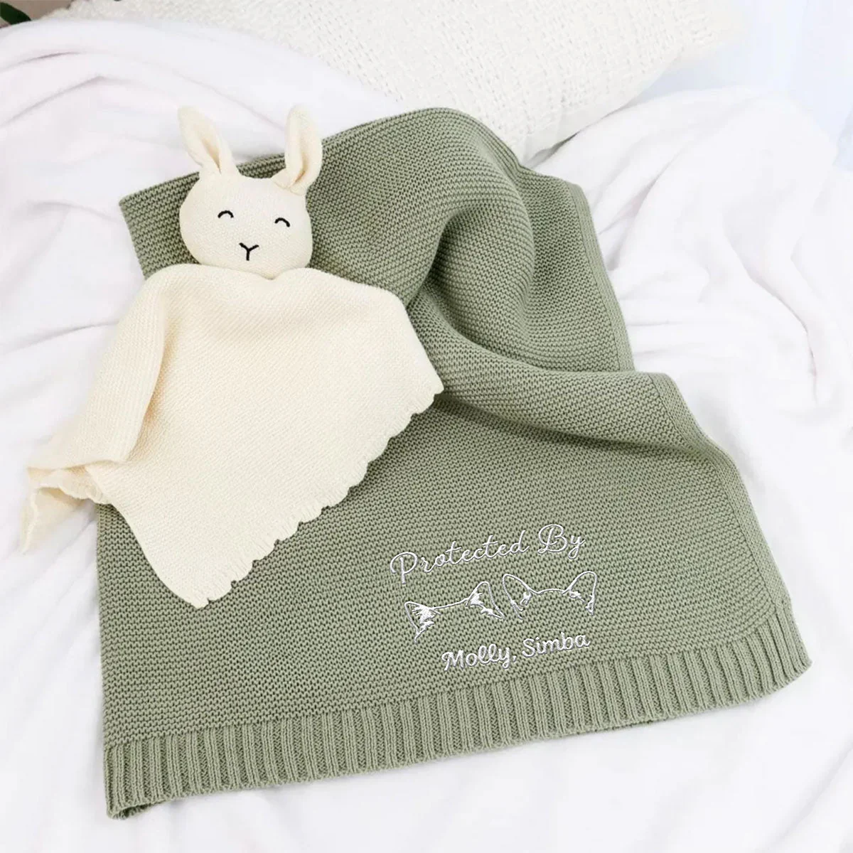 Human Protected By Pet - Personalized Custom Embroidered Knitted Baby Blanket - Image 2