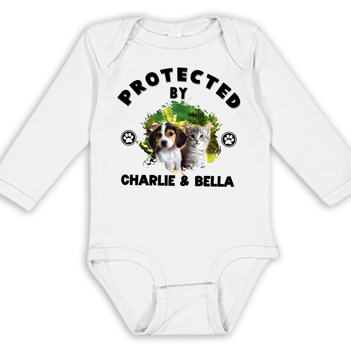 Human Protected By Pets Photo - Personalized Custom Long Sleeve Baby Onesie