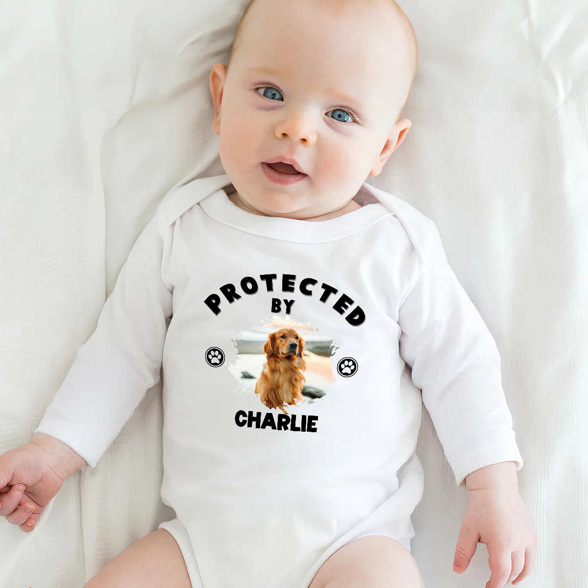 Human Protected By Pets Photo - Personalized Custom Long Sleeve Baby Onesie - Image 4