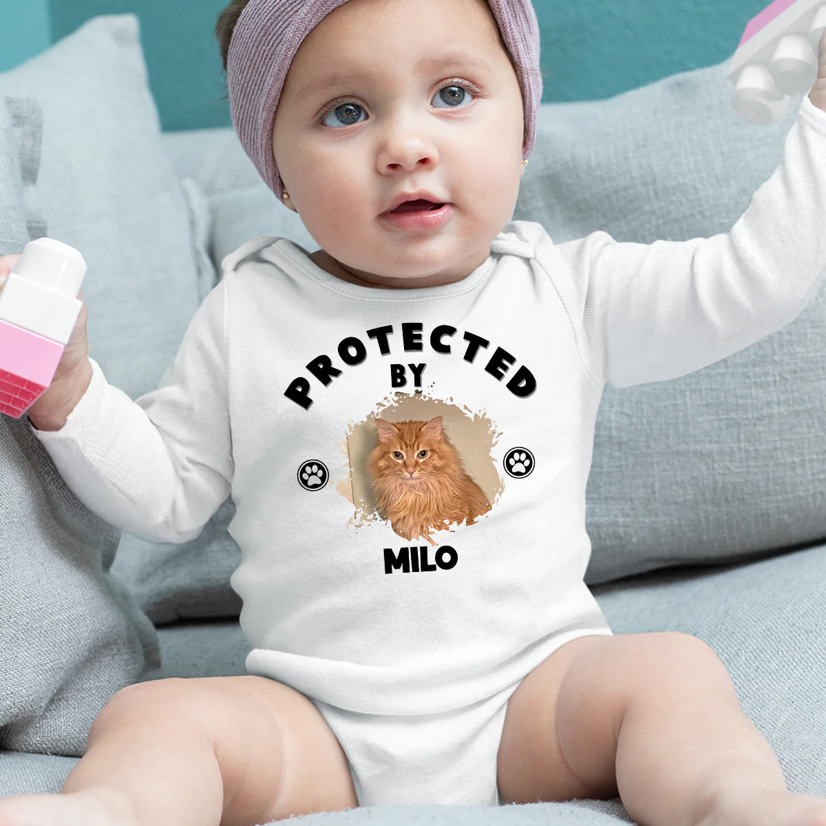 Human Protected By Pets Photo - Personalized Custom Long Sleeve Baby Onesie - Image 5