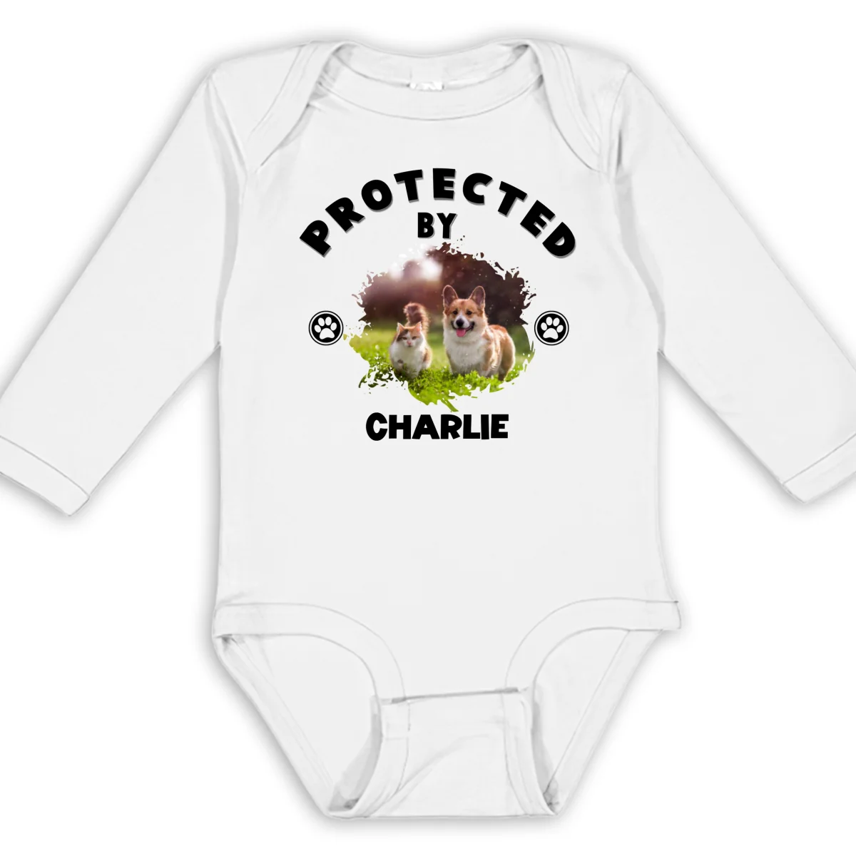 Human Protected By Pets Photo - Personalized Custom Long Sleeve Baby Onesie - Image 6