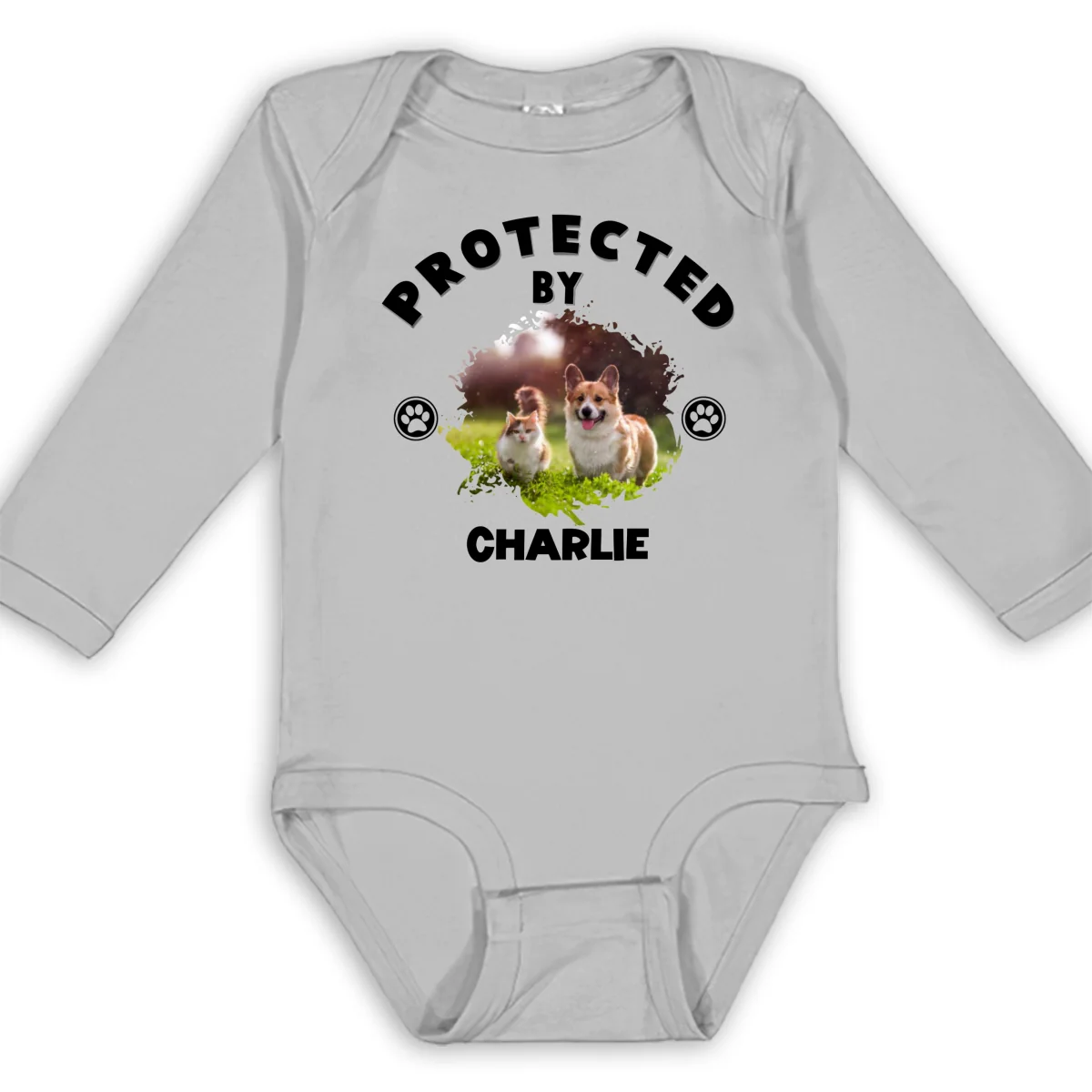 Human Protected By Pets Photo - Personalized Custom Long Sleeve Baby Onesie - Image 7