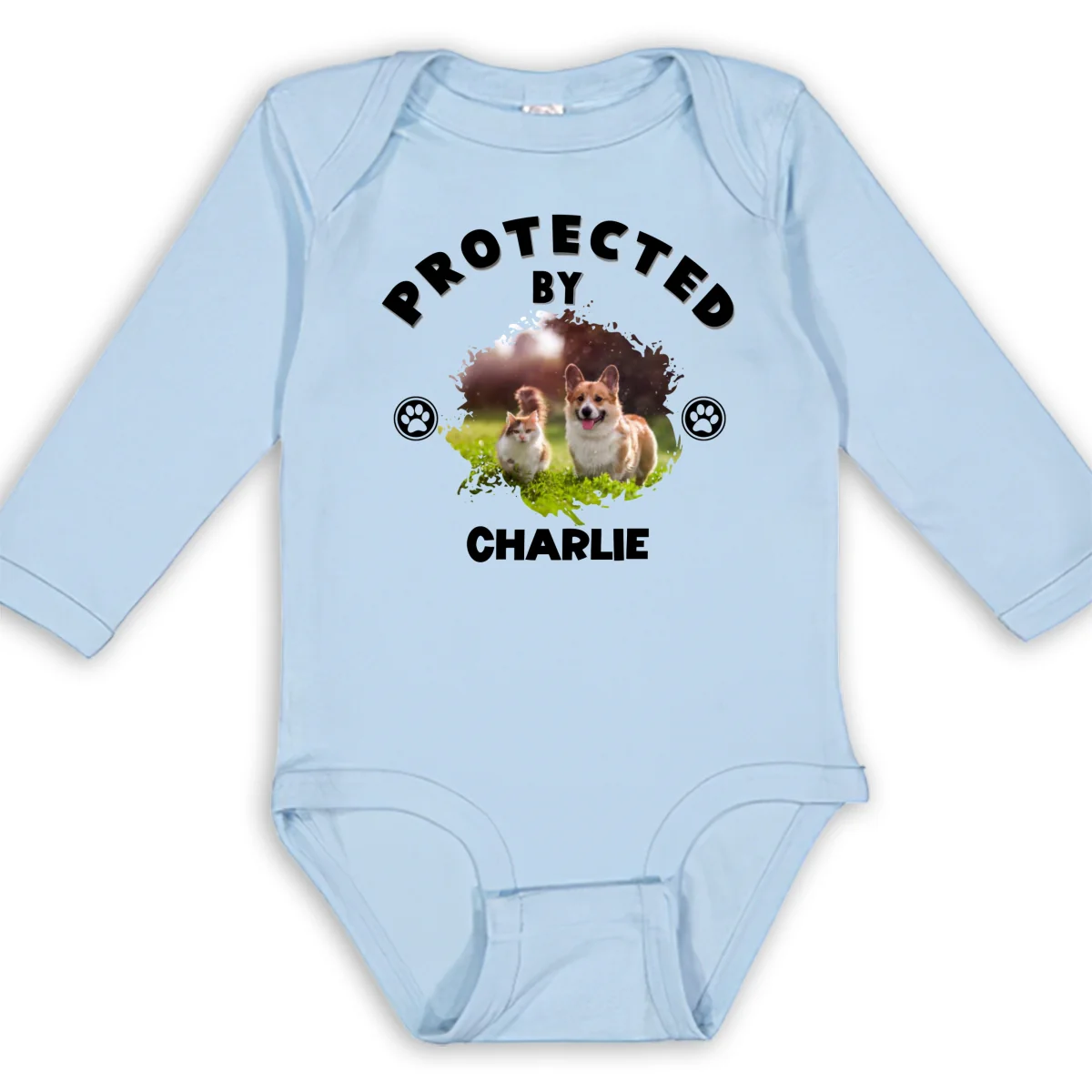 Human Protected By Pets Photo - Personalized Custom Long Sleeve Baby Onesie - Image 8