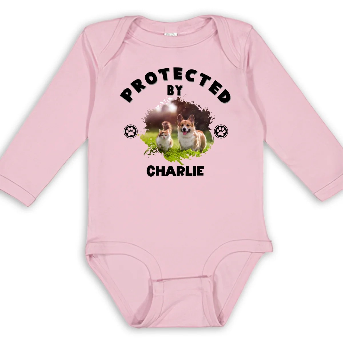 Human Protected By Pets Photo - Personalized Custom Long Sleeve Baby Onesie - Image 9