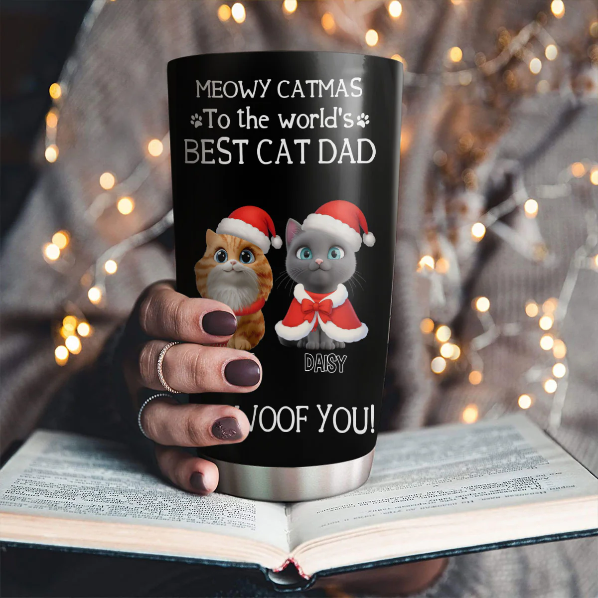 I Woof You The Best Cat Dad Christmas - Personalized Custom Tumbler - Image 2