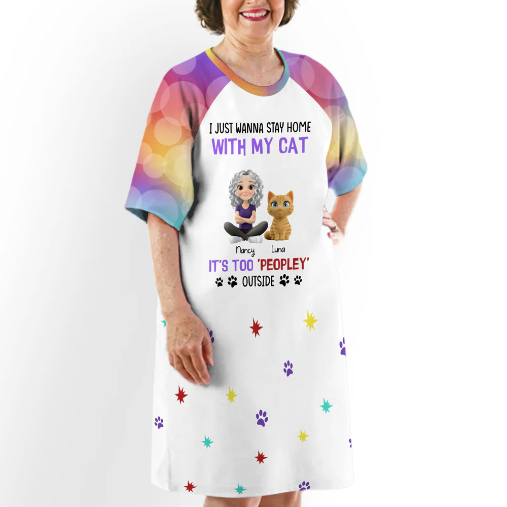 It Is Too Peopley Outside Cartoon Version Cat - Personalized 3/4 Sleeve Dress - Image 2