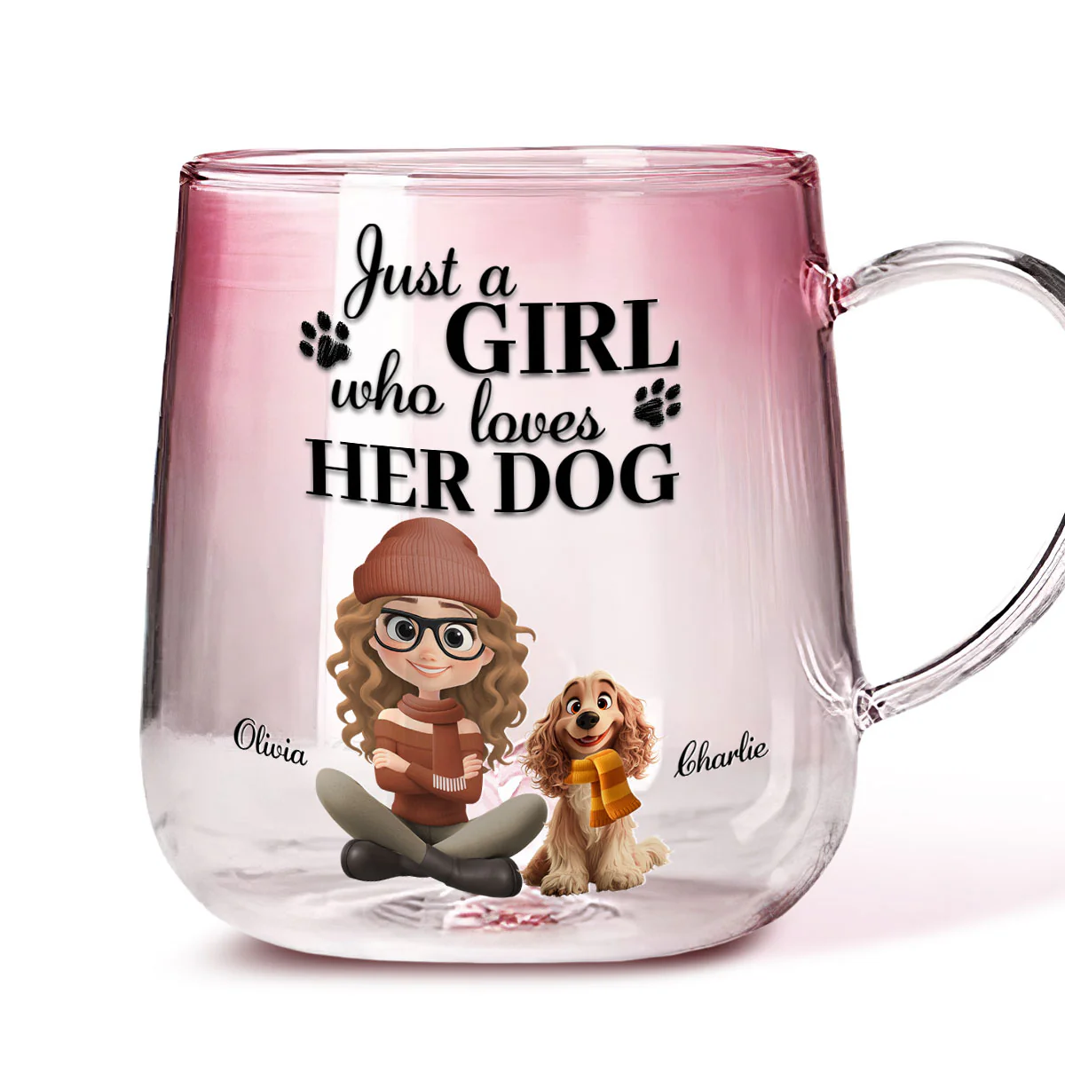 Just A Girl And Her Cartoon Dog - Personalized Custom Pink Gradient Glass Mug