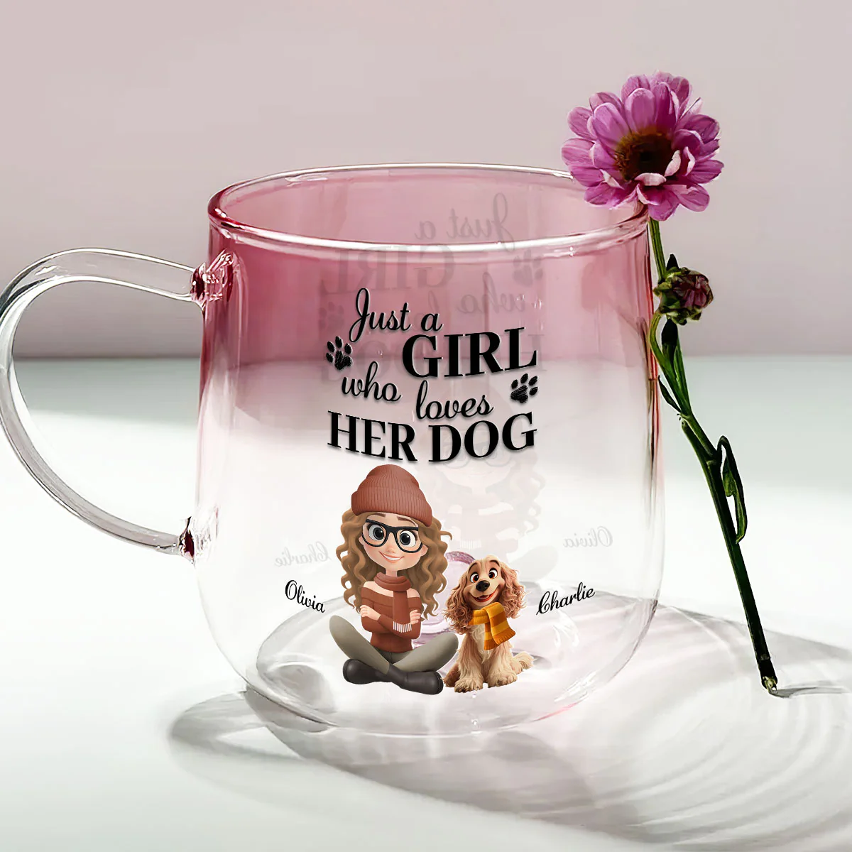Just A Girl And Her Cartoon Dog - Personalized Custom Pink Gradient Glass Mug - Image 3