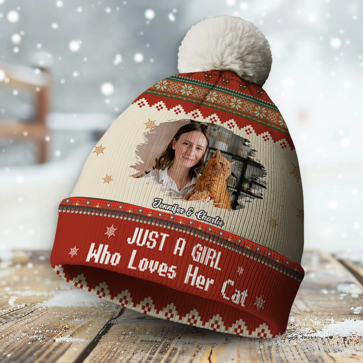 Just A Girl And Her Cats Photo - Personalized Custom Bobble Beanie Hat - Image 3