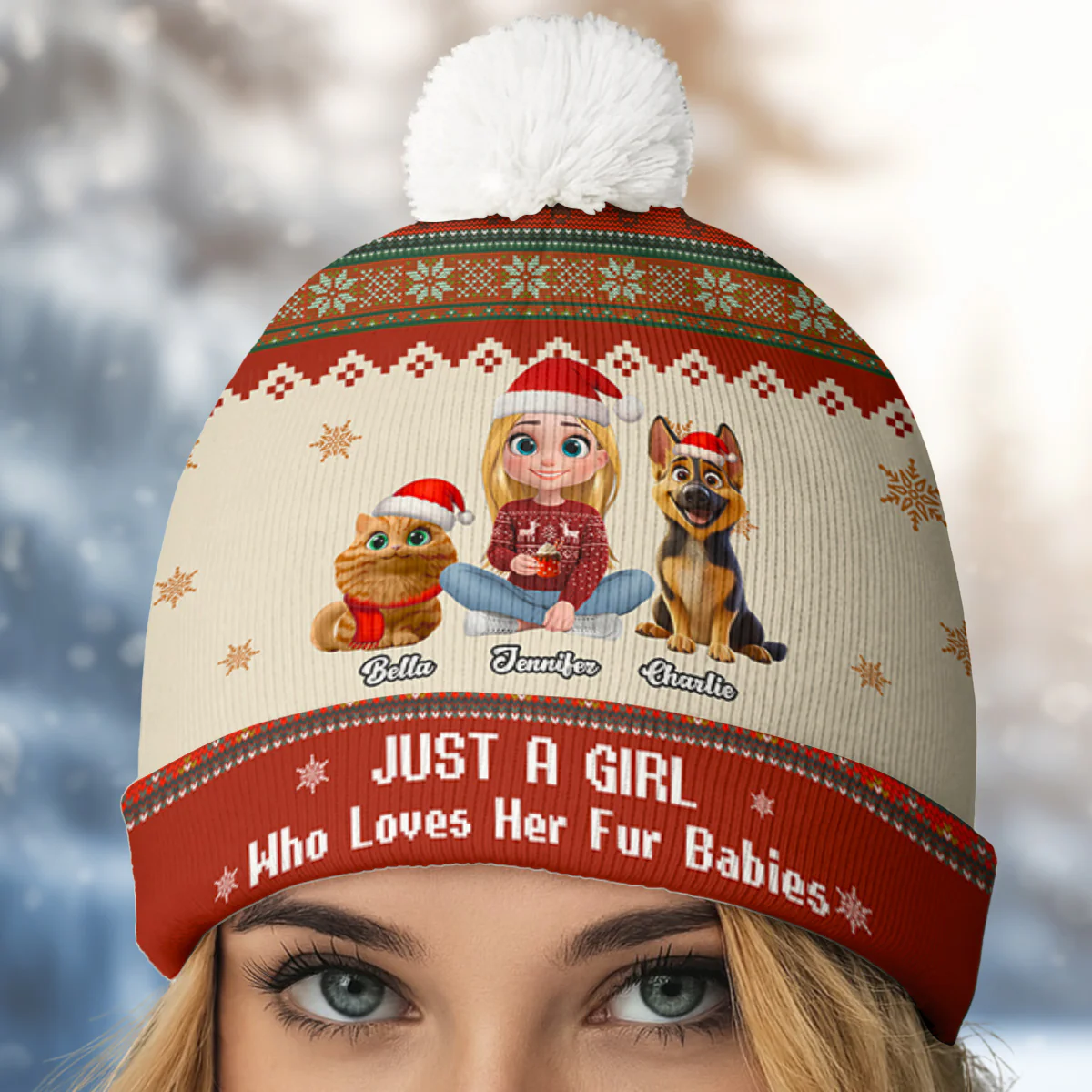 Just A Girl And Her Fur Babies - Personalized Custom Bobble Beanie Hat