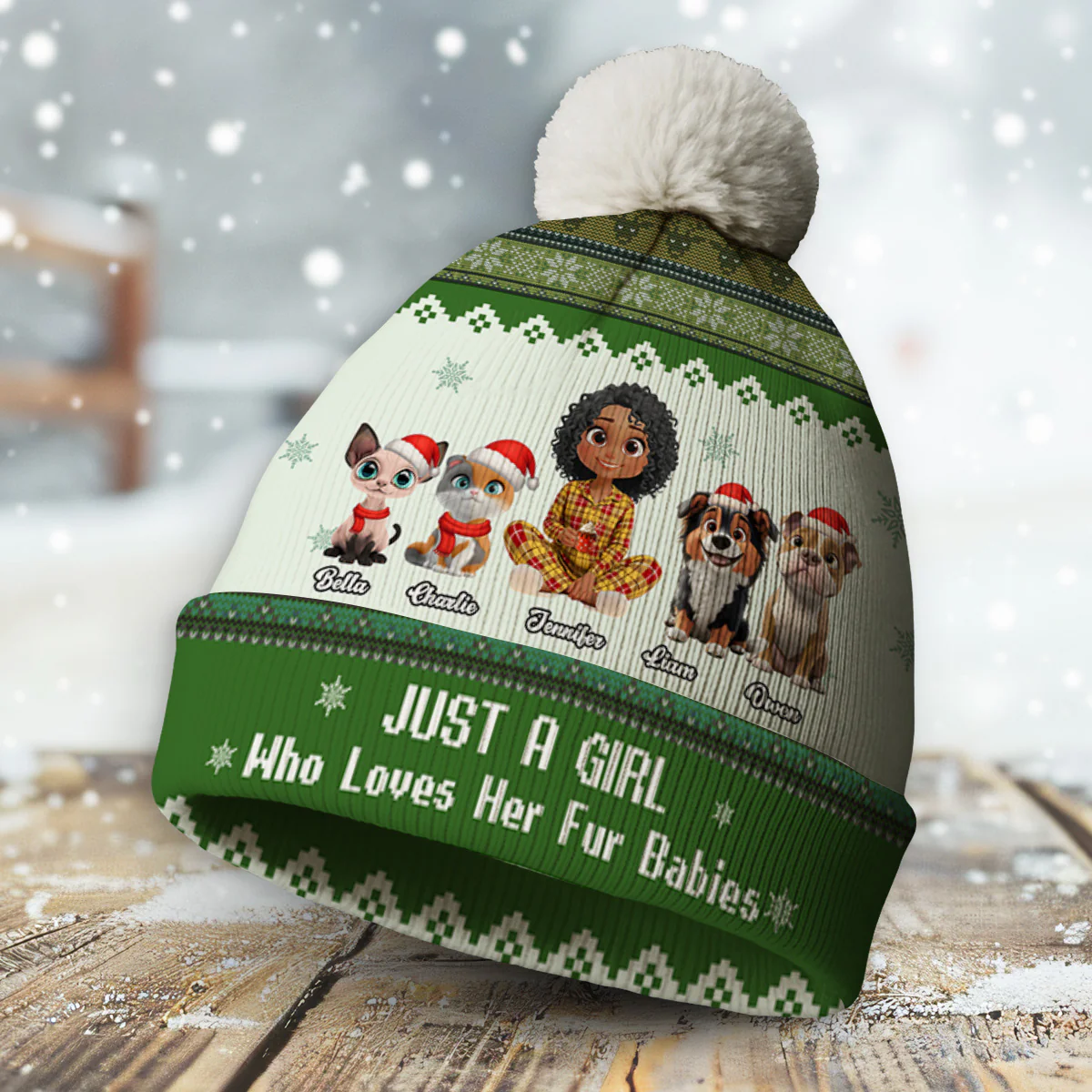 Just A Girl And Her Fur Babies - Personalized Custom Bobble Beanie Hat - Image 4