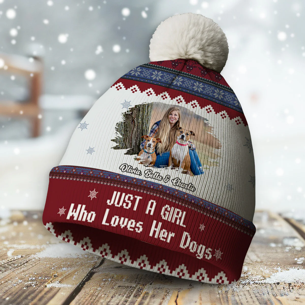 Just A Girl And Her Lovely Dogs Photo - Personalized Custom Bobble Beanie Hat - Image 2