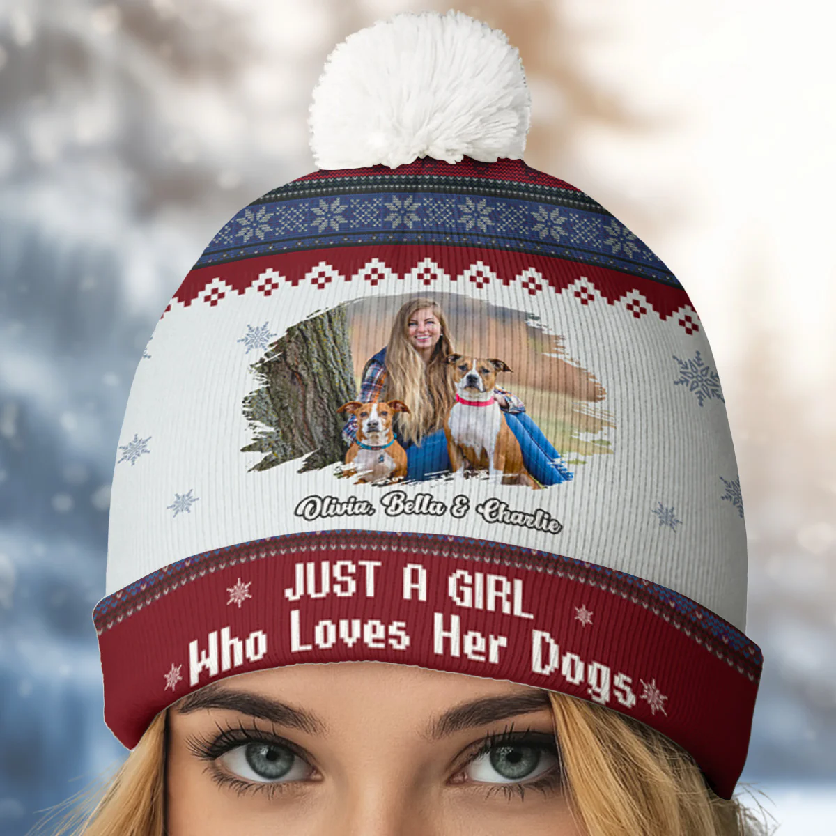 Just A Girl And Her Lovely Dogs Photo - Personalized Custom Bobble Beanie Hat - Image 4