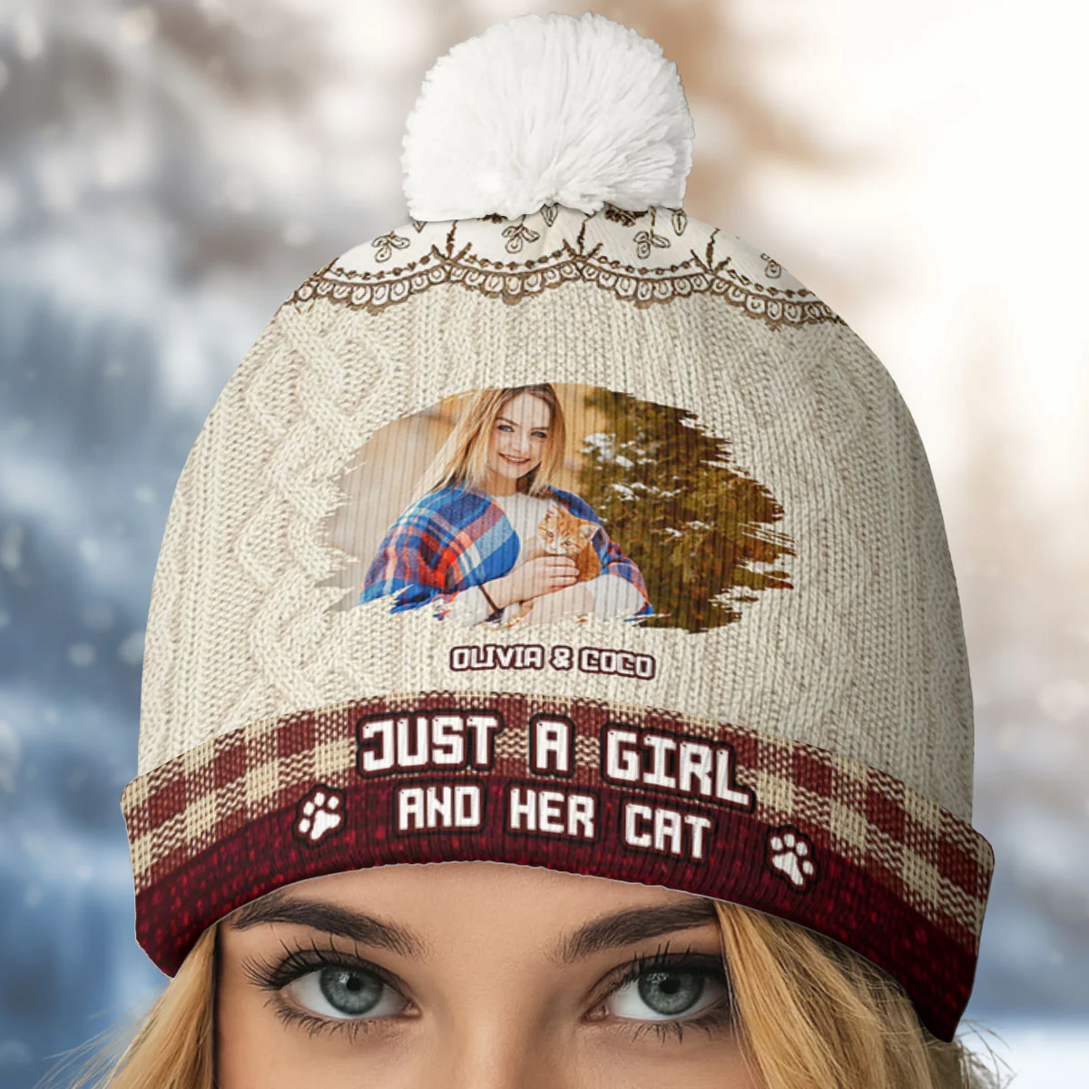 Just A Girl With Her Cats Photo - Personalized Custom Bobble Beanie Hat - Image 2