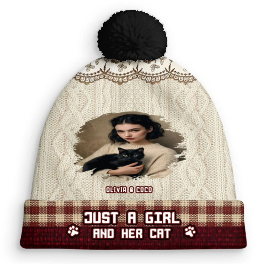 Just A Girl With Her Cats Photo - Personalized Custom Bobble Beanie Hat - Image 7