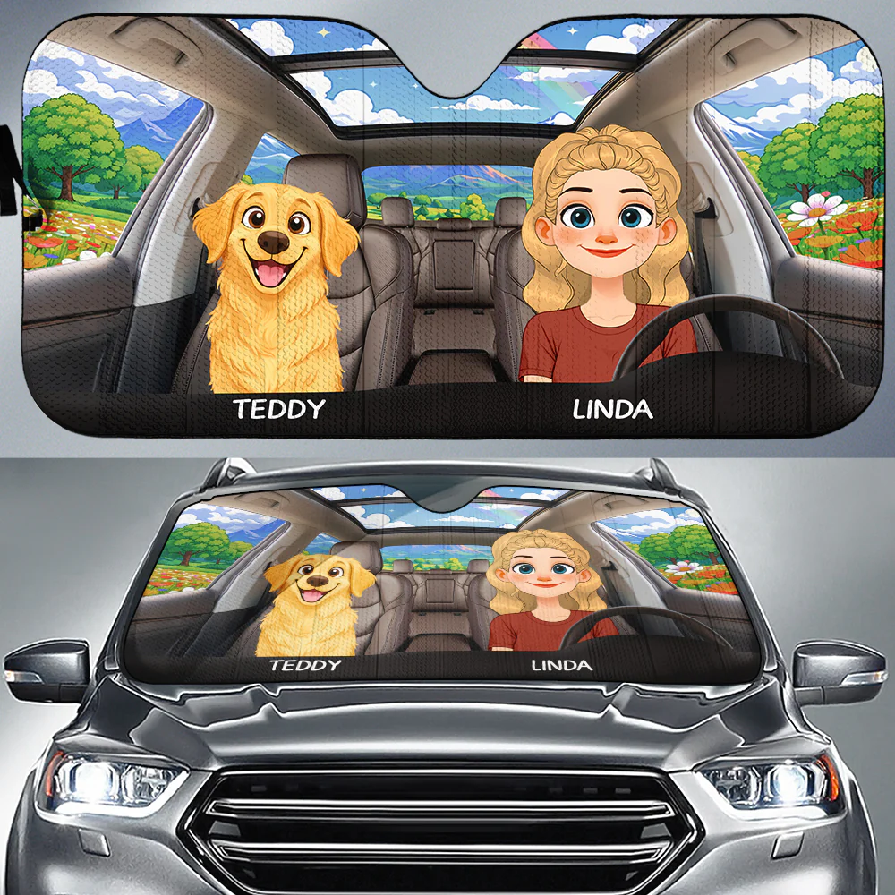 Life Is Better With My Dog Cartoon - Personalized Car Sunshade - Image 2
