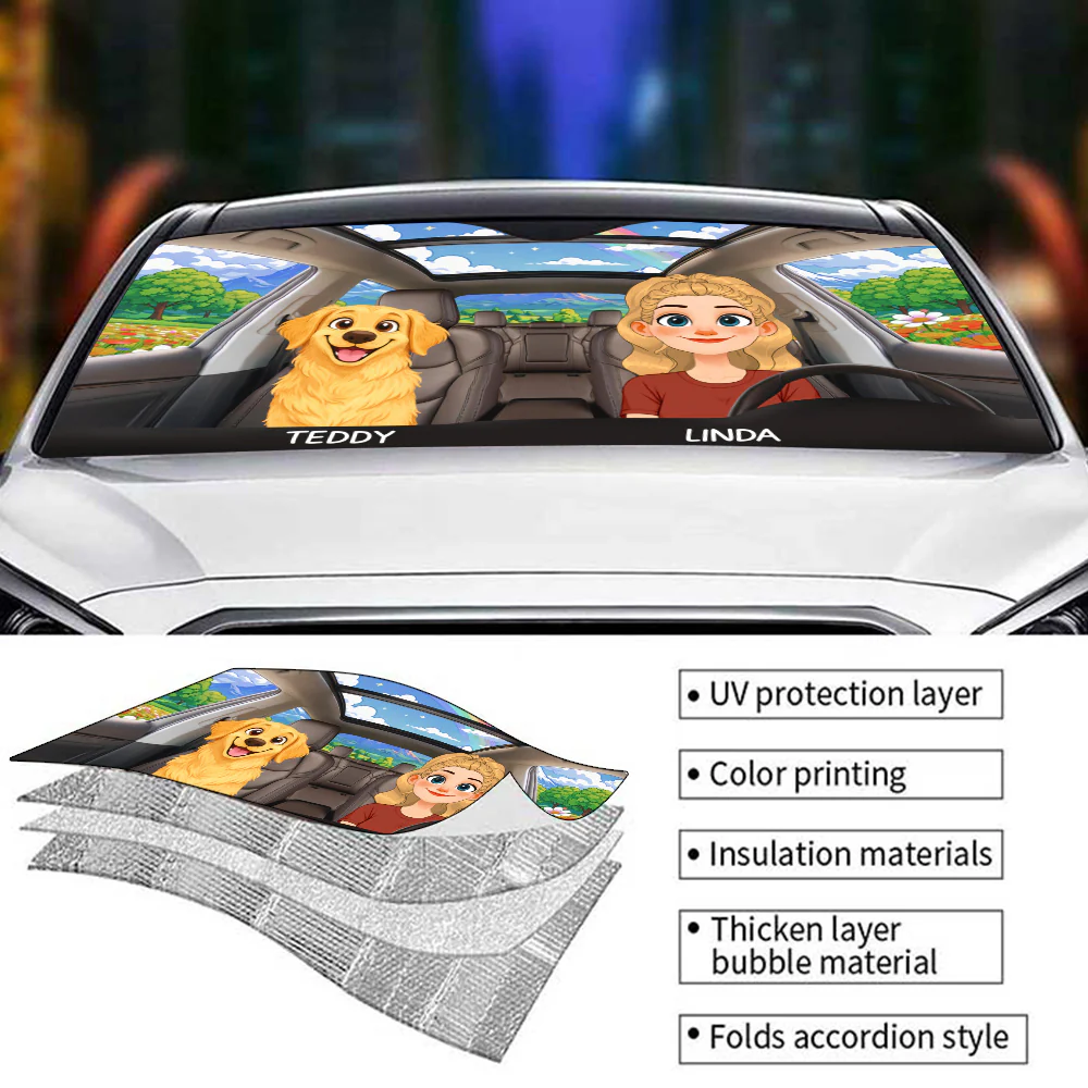 Life Is Better With My Dog Cartoon - Personalized Car Sunshade - Image 3