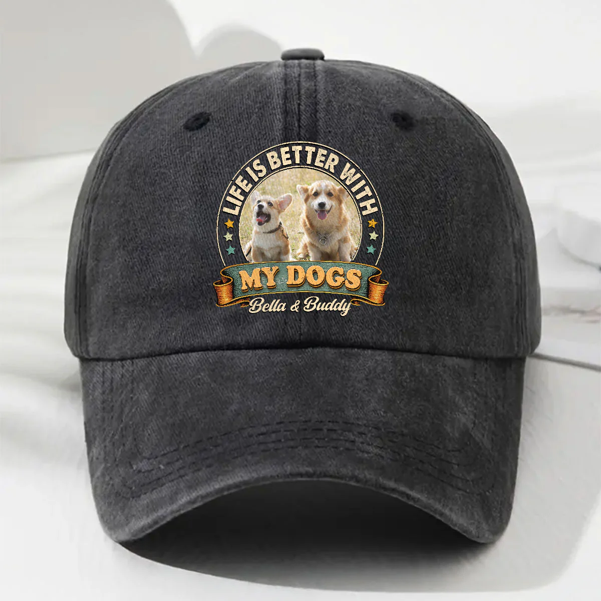 Life Is Better With My Storybook Dog Photo - Personalized Custom Vintage Washed Denim Cap