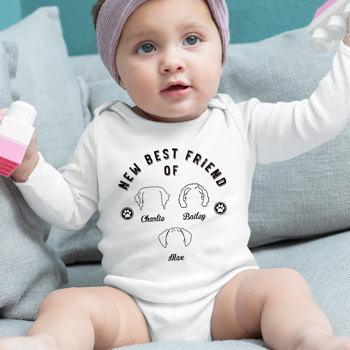 Line Dog And Babies - Personalized Custom Long Sleeve Baby Onesie - Image 4