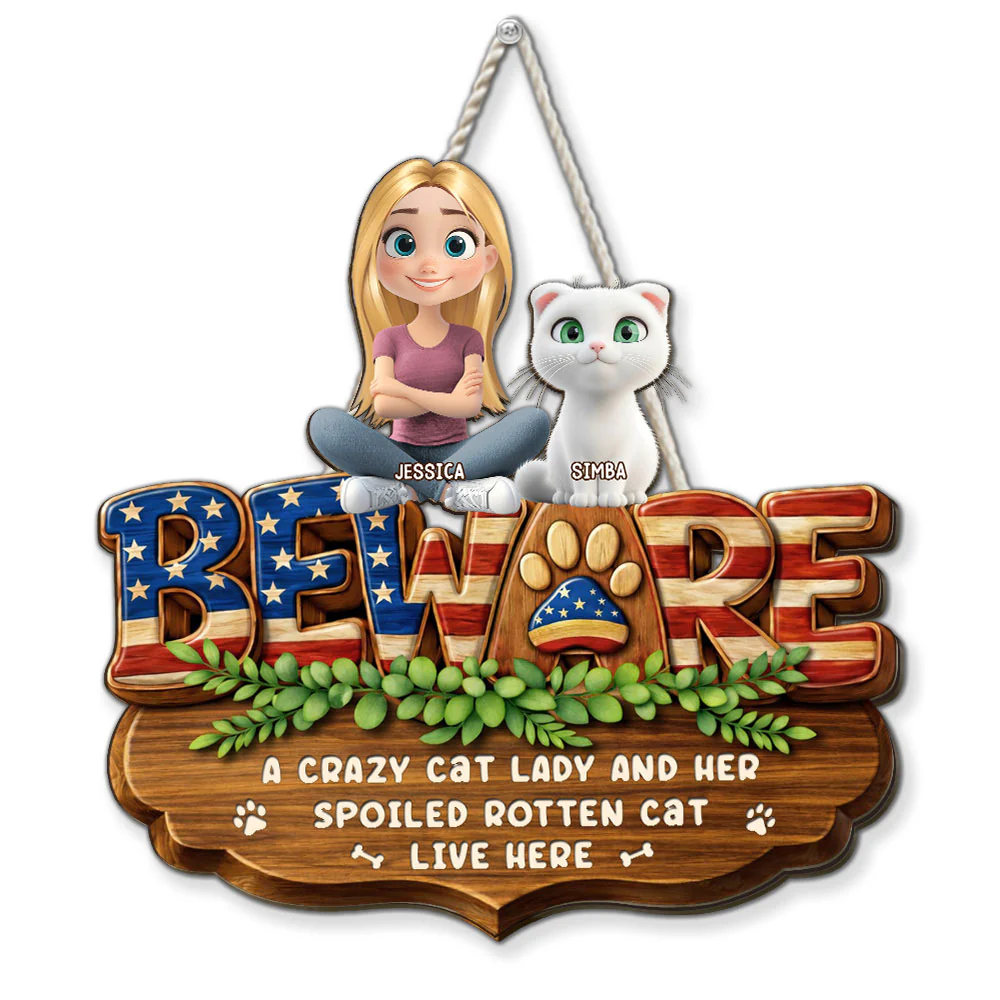 Live Here American Cat Version - Personalized Custom 3D Effect Wood Sign