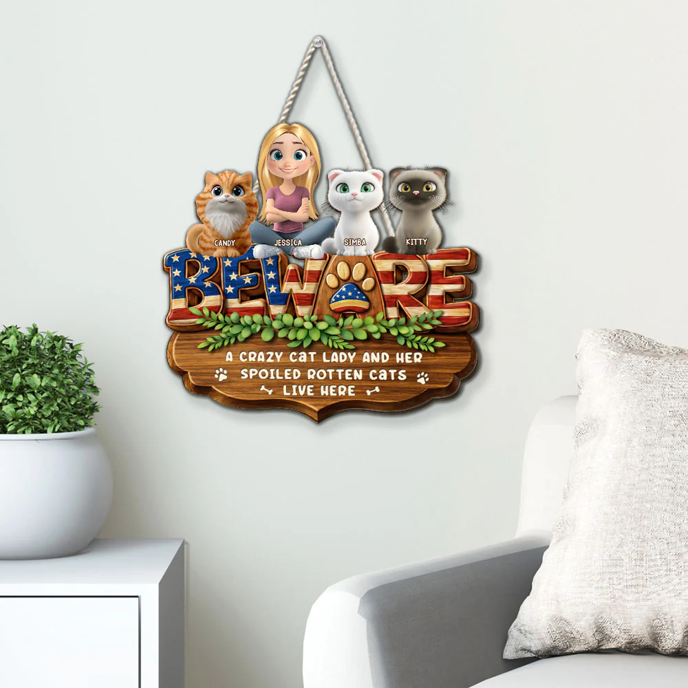 Live Here American Cat Version - Personalized Custom 3D Effect Wood Sign - Image 3