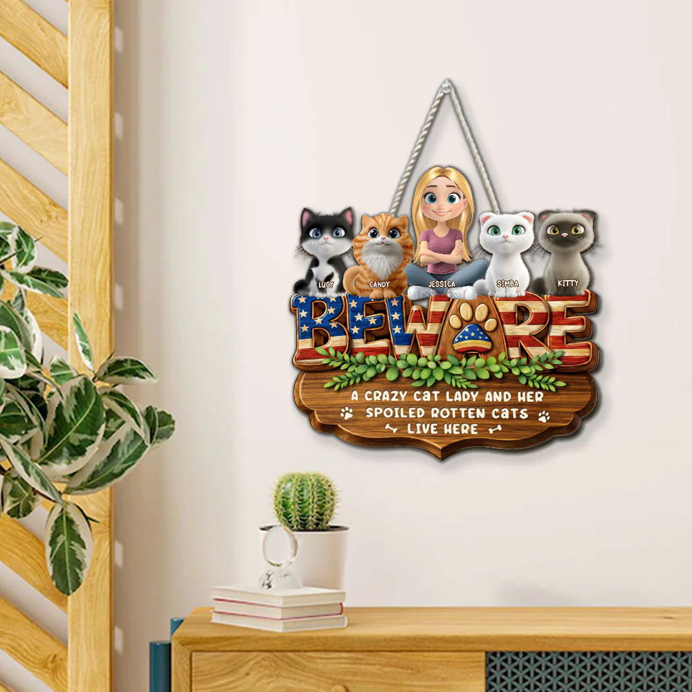 Live Here American Cat Version - Personalized Custom 3D Effect Wood Sign - Image 4