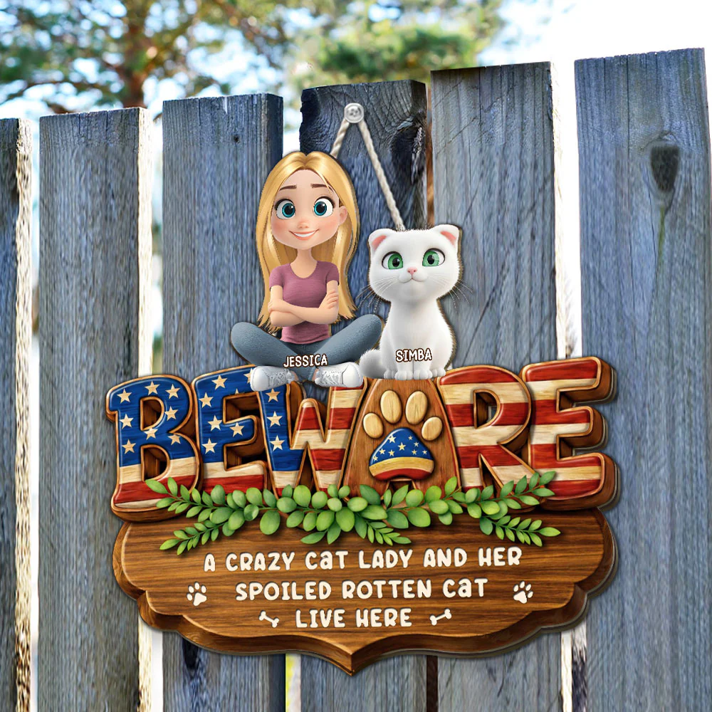 Live Here American Cat Version - Personalized Custom 3D Effect Wood Sign - Image 5