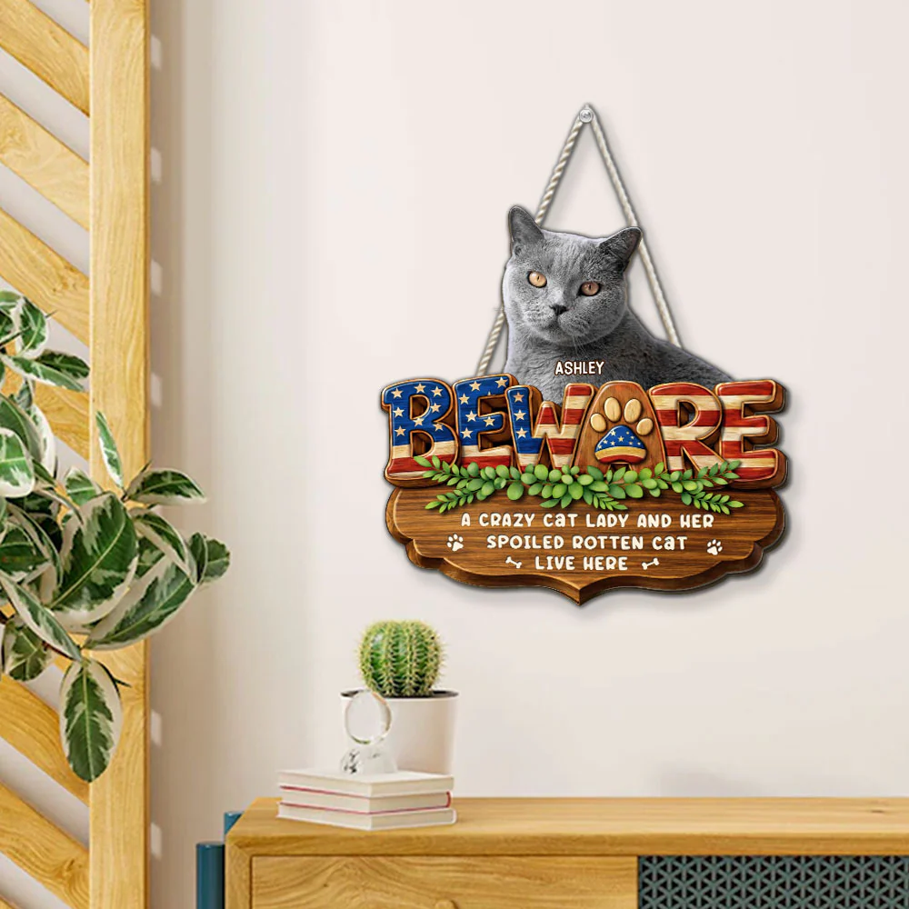 Live Here American Cat Version Photo - Personalized Custom 3D Effect Wood Sign