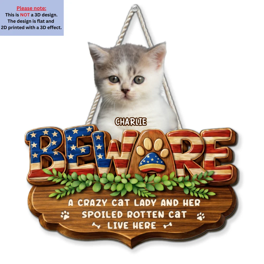Live Here American Cat Version Photo - Personalized Custom 3D Effect Wood Sign - Image 3