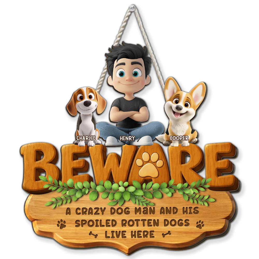 Live Here With Dog Dad - Personalized Custom 3D Effect Wood Sign