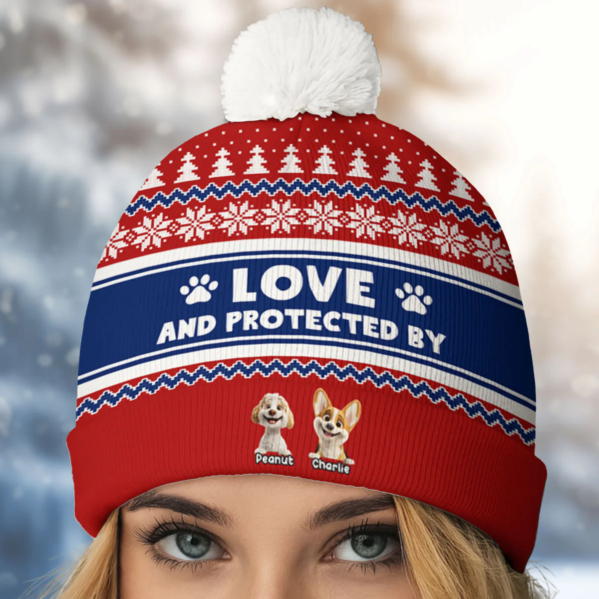 Love And Protected By Dog - Personalized Custom Bobble Beanie Hat - Image 2