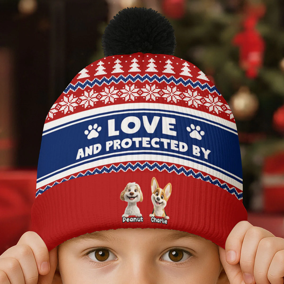 Love And Protected By Dog - Personalized Custom Bobble Beanie Hat - Image 3