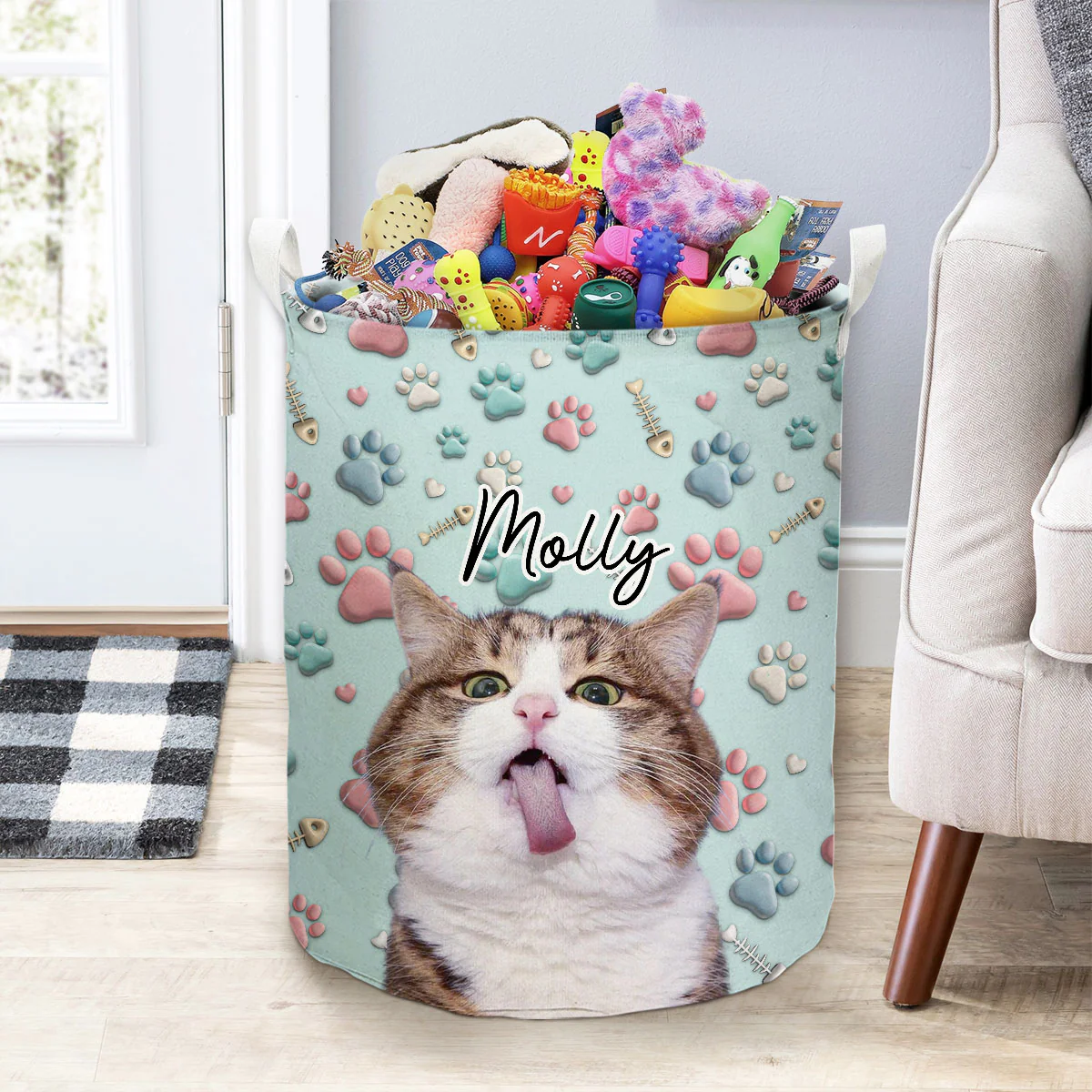Lovely Cat Cartoon Photo - Personalized Custom Laundry Basket - Image 2
