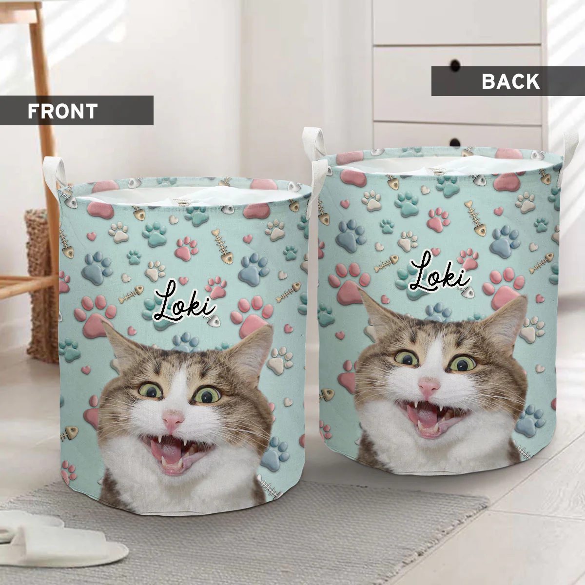 Lovely Cat Cartoon Photo - Personalized Custom Laundry Basket - Image 3