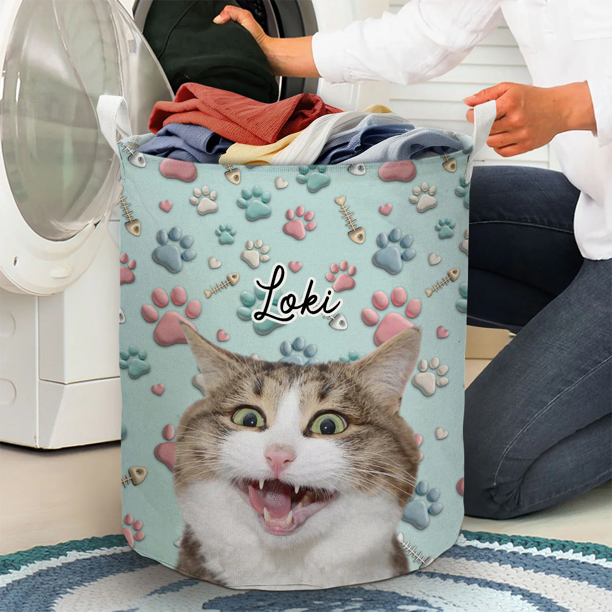 Lovely Cat Cartoon Photo - Personalized Custom Laundry Basket - Image 4