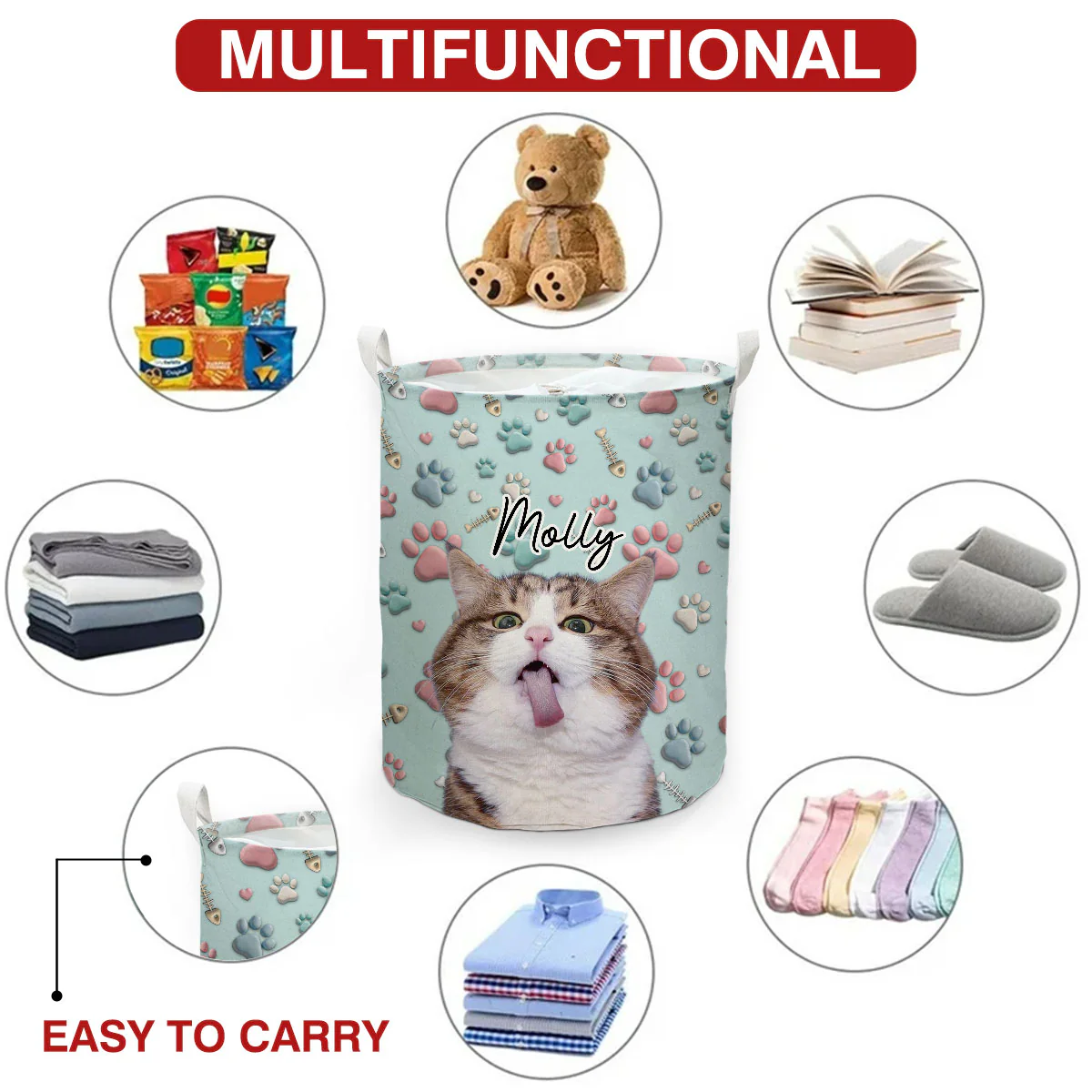 Lovely Cat Cartoon Photo - Personalized Custom Laundry Basket - Image 5