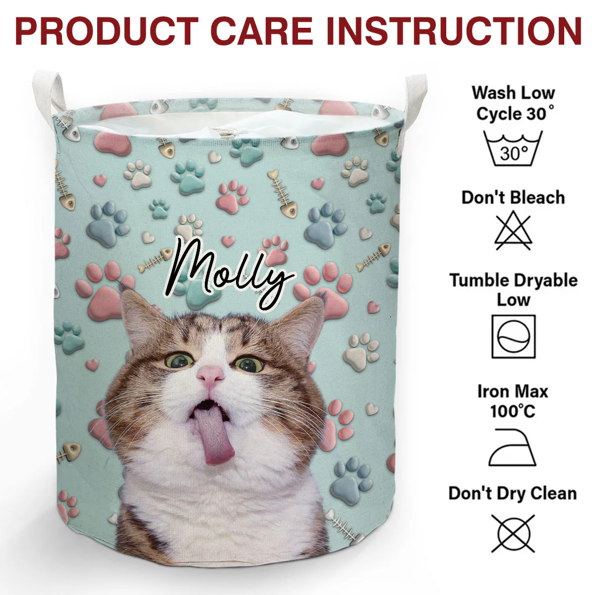 Lovely Cat Cartoon Photo - Personalized Custom Laundry Basket - Image 7