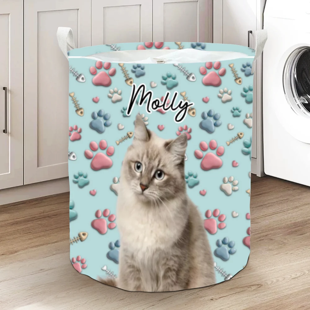 Lovely Cat Cartoon Photo - Personalized Custom Laundry Basket - Image 8