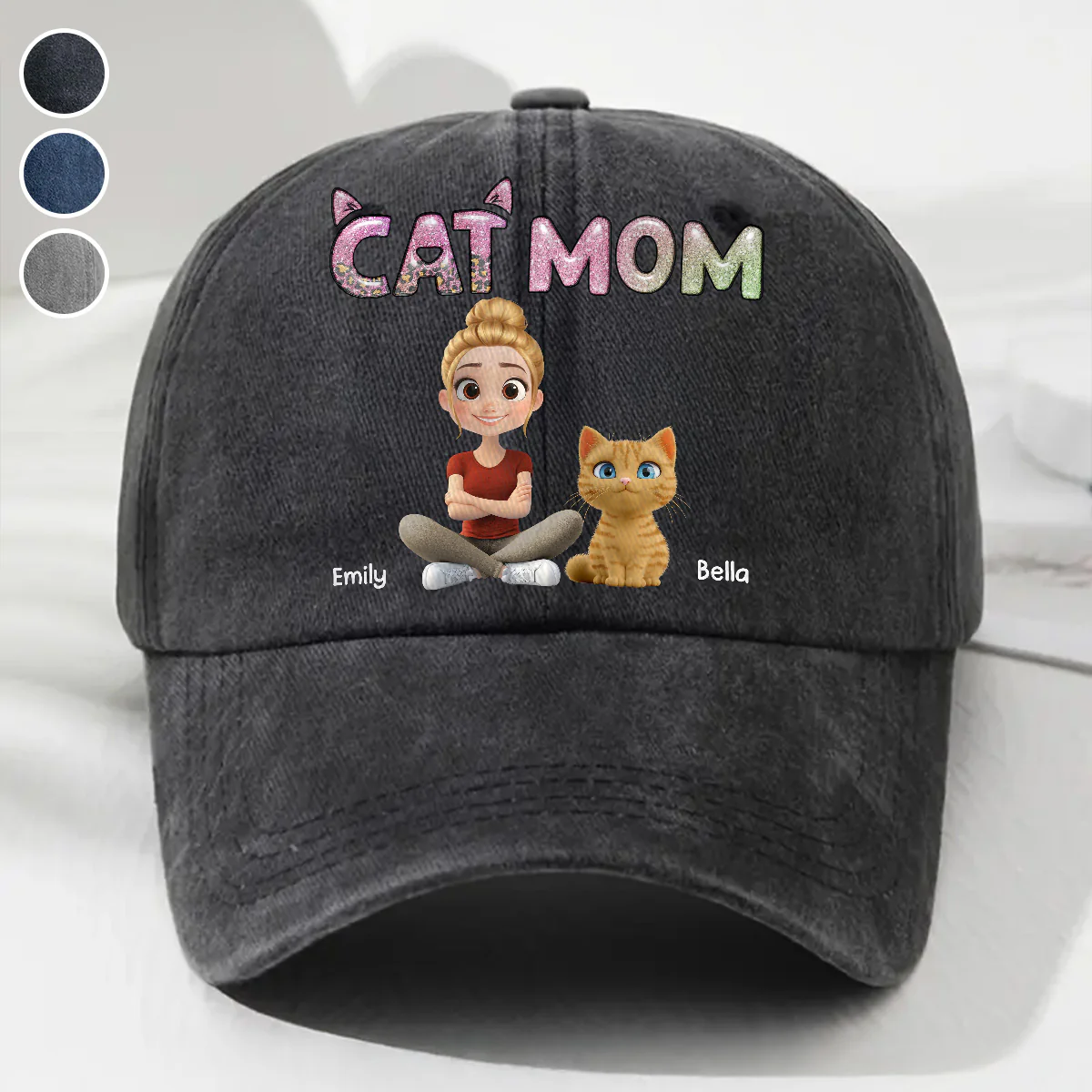 Lovely Chibi Cat Mom Cartoon - Personalized Custom Vintage Washed Denim Cap