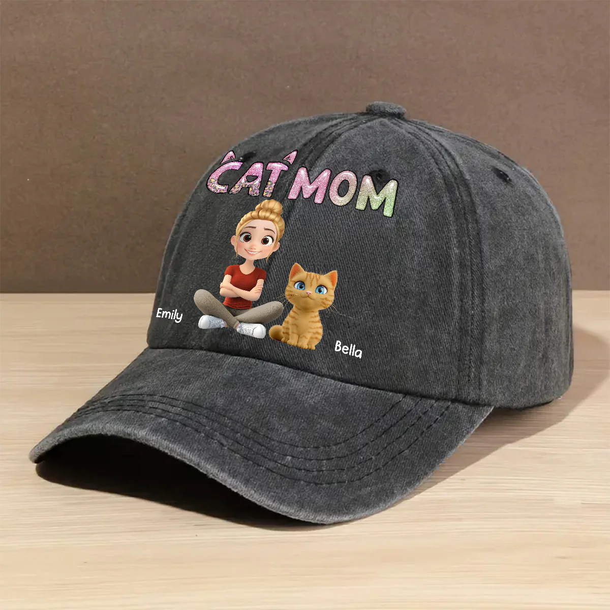 Lovely Chibi Cat Mom Cartoon - Personalized Custom Vintage Washed Denim Cap - Image 2
