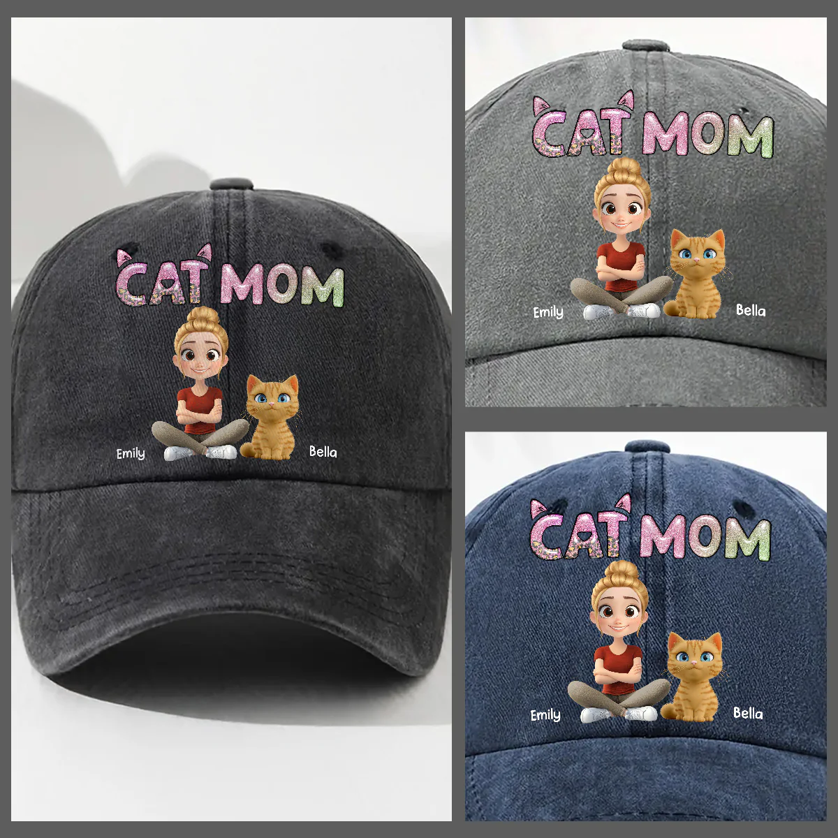 Lovely Chibi Cat Mom Cartoon - Personalized Custom Vintage Washed Denim Cap - Image 3